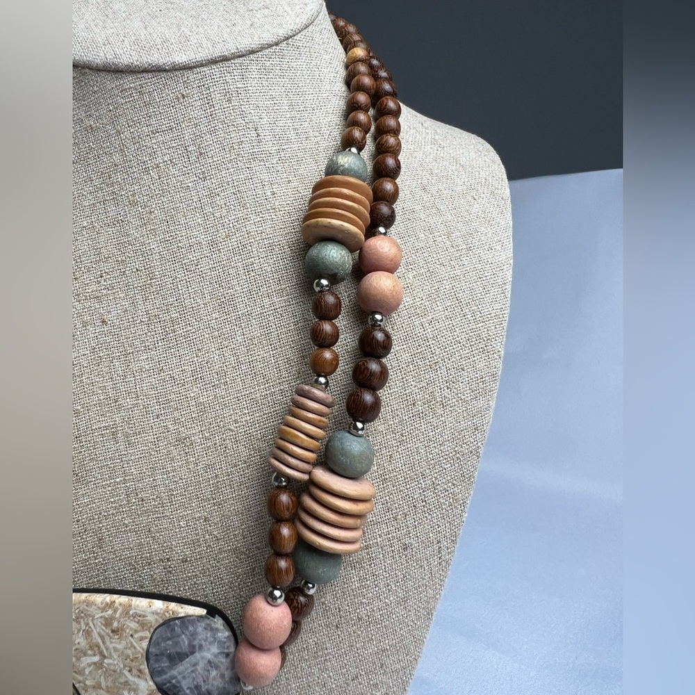 Wood & Metal Double Strand Necklace with Acrylic & Stone Pendant - Picture 3 of 8